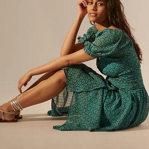 Anthropologie Dresses & Skirts - Anthropologie 10 NWT Green Floral Puff Sleeved Cut-Out Midi Dress